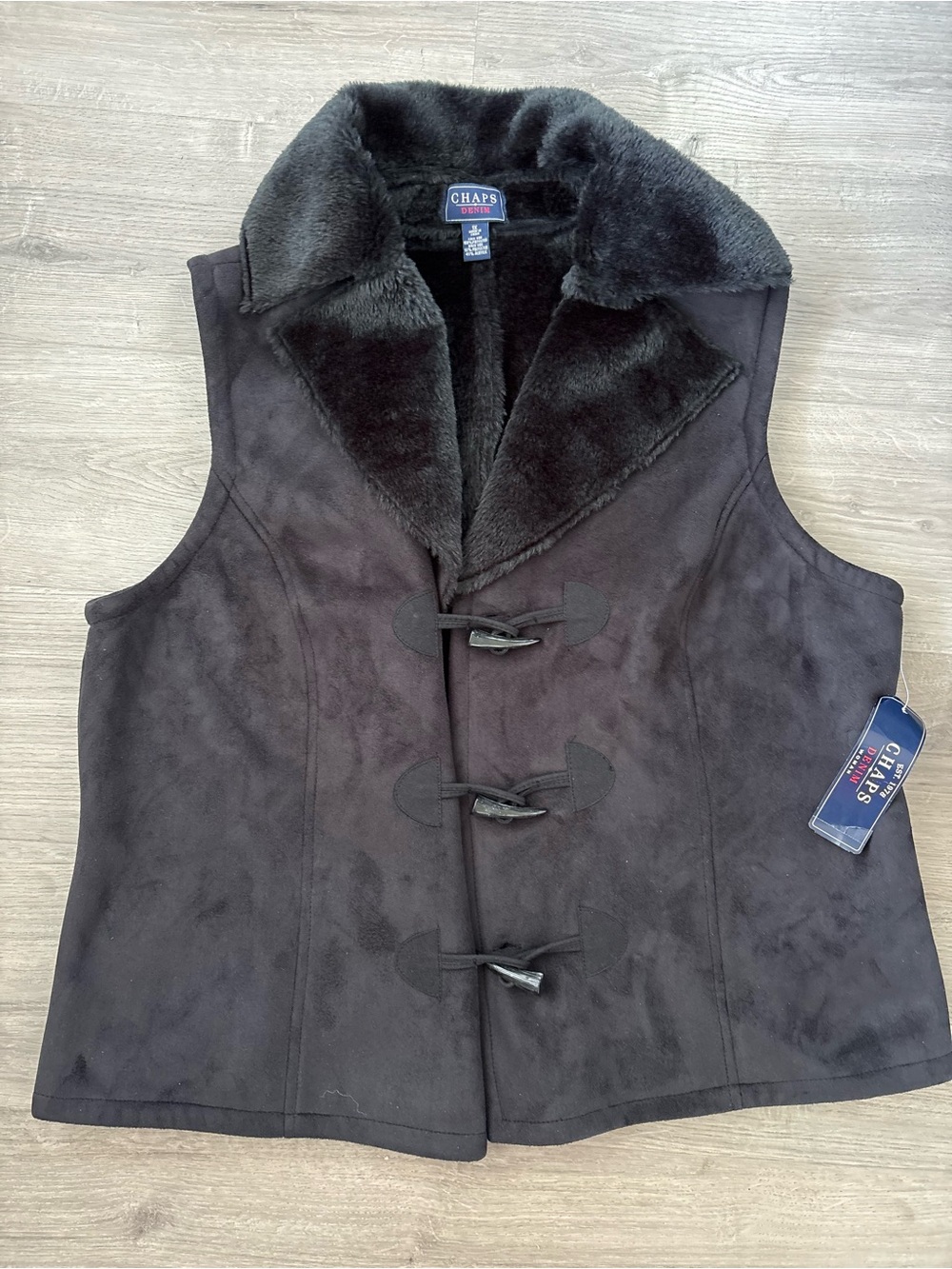 Chaps Women’s Black Faux-Suede Toggle Vest with Faux-Fur Collar